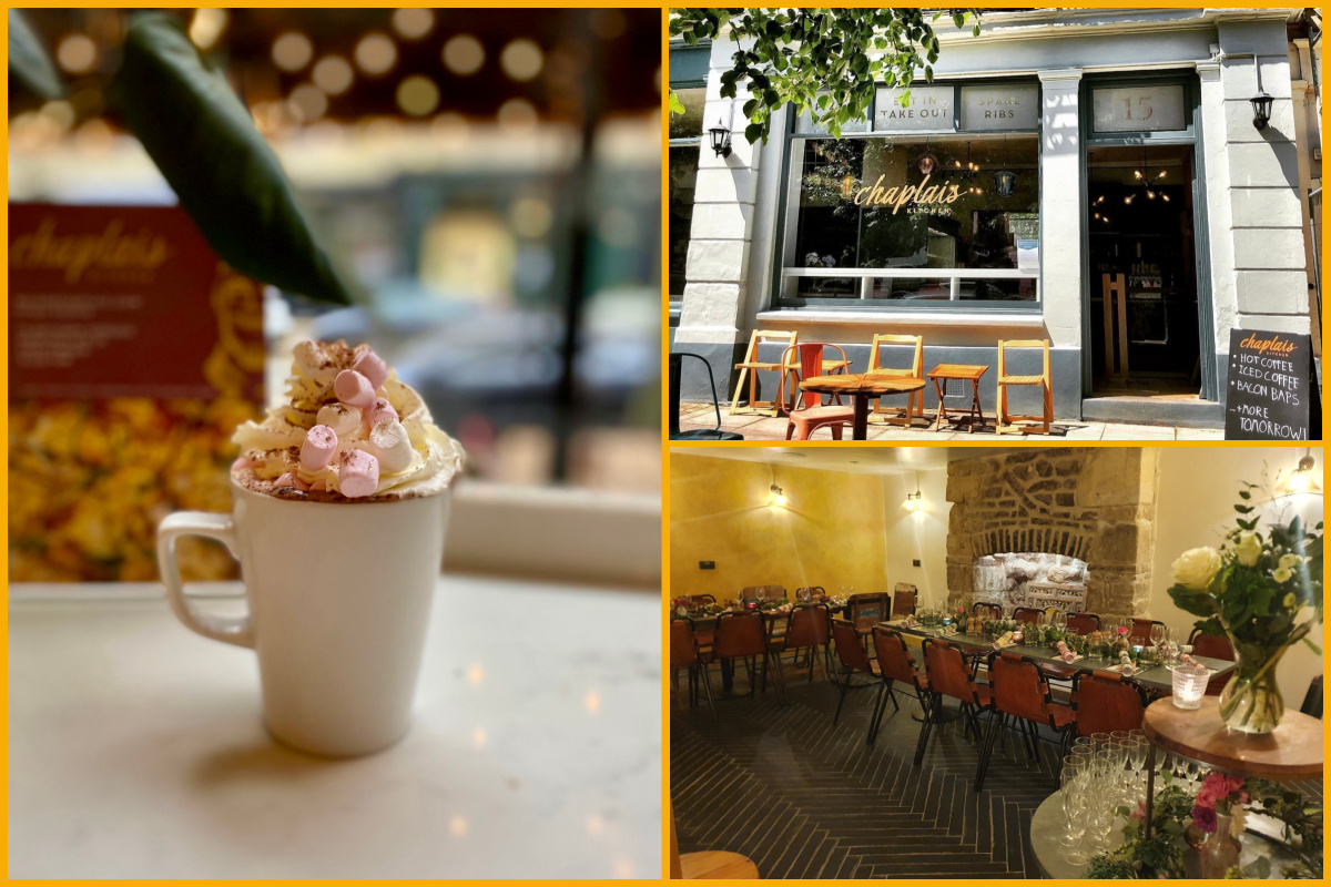 Collage of images of a Hot chocolate, Chaplais Kitchen exterior and Christmas dining.